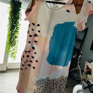 Abstract Patterned Dress with Blue and Brown Accents